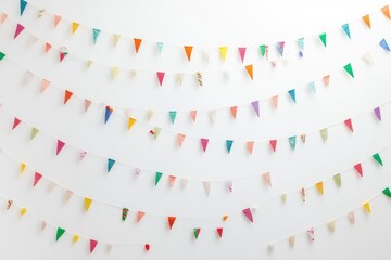 A collection of colorful flags hang from a wall, suitable for decoration or celebration