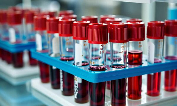 Rows of blood samples in test tubes with red caps lab setting