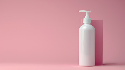 empty white plastic bottle with pump dispenser on a soft pink background, a minimal and modern design perfect for beauty, skincare, or hygiene product mockups, a studio shot image

