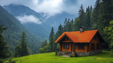 Secluded wooden cabin nestled in a lush green mountain valley.