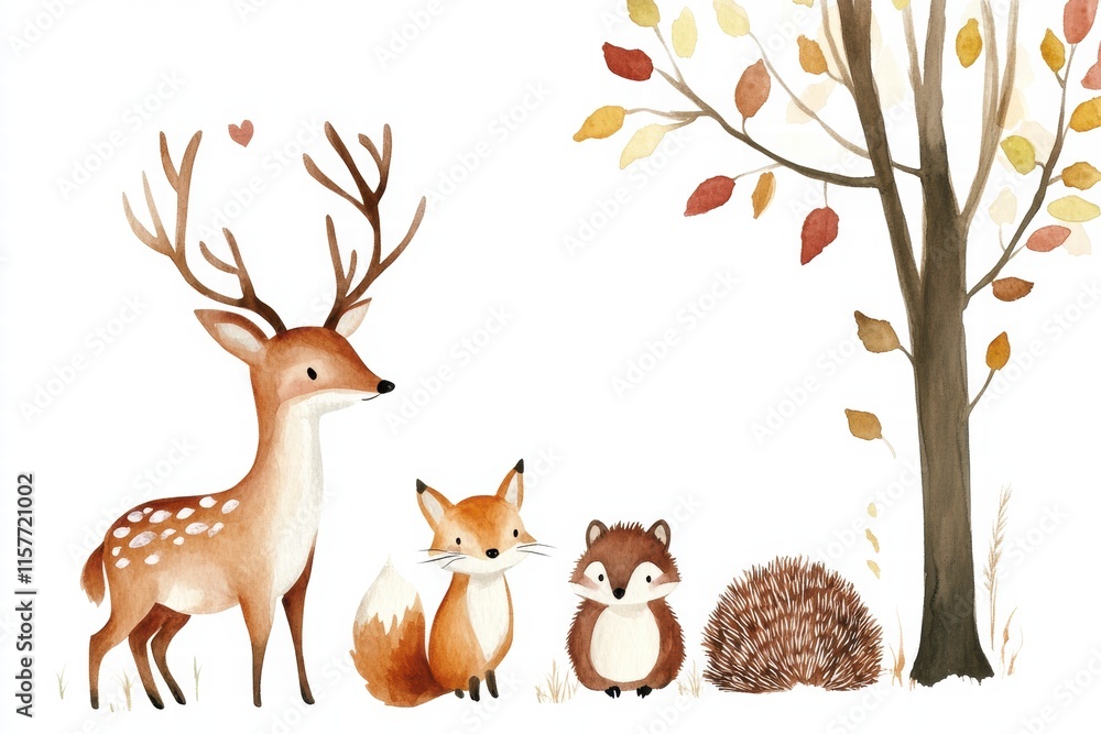Poster Colorful forest animals gather in a tranquil setting beneath a tree surrounded by autumn leaves. Generative AI