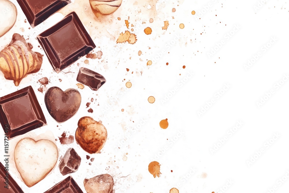 Poster a colorful table showcasing many types of chocolate,