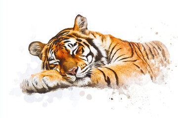 Obraz premium A tiger takes a break and rests on the grassy ground, its fur blending with the surroundings