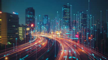 Smart digital Innovation city with connection network reciprocity over the cityscape. of future smart wireless digital city and social media networking systems that connects people with in city