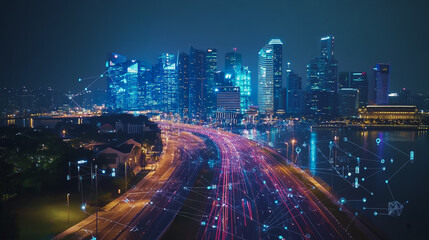 Fototapeta premium Smart digital Innovation city with connection network reciprocity over the cityscape. of future smart wireless digital city and social media networking systems that connects people with in city