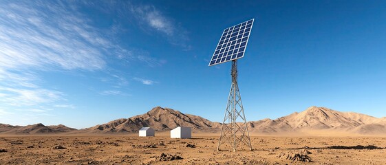 Promoting Equal Access to Digital Communication Tools showcasing a solar-powered telecommunication tower in a remote desert, surrounded by clean and minimal structures.