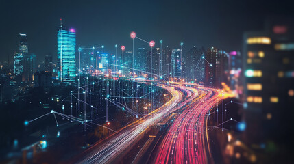 Fototapeta premium Smart digital Innovation city with connection network reciprocity over the cityscape. of future smart wireless digital city and social media networking systems that connects people with in city