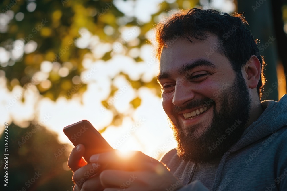 Poster a person smiling while checking their mobile phone