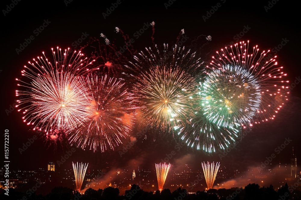 Poster A collection of colorful fireworks exploding in the evening sky