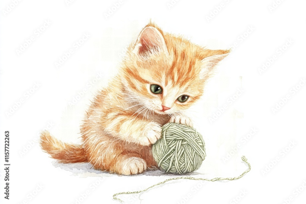 Aufkleber cute kitten energetically playing with a ball of yarn in a bright and cheerful space suitable for a 