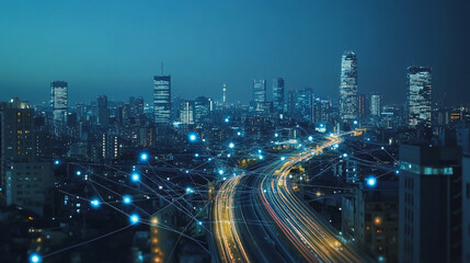 Fototapeta premium Smart digital Innovation city with connection network reciprocity over the cityscape. of future smart wireless digital city and social media networking systems that connects people with in city