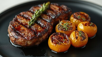 Grilled steak and roasted cherry tomatoes on black plate.