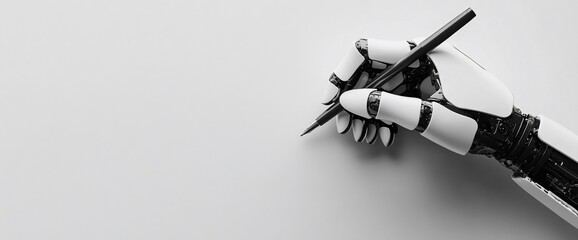 A robotic hand holding a pen poised to write on a blank surface.