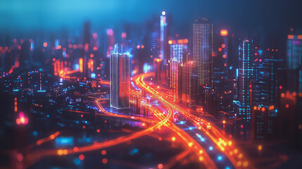 Fototapeta premium Smart digital Innovation city with connection network reciprocity over the cityscape. of future smart wireless digital city and social media networking systems that connects people with in city