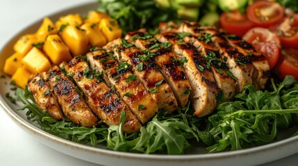 Grilled chicken breast salad with mango, avocado, and tomatoes.