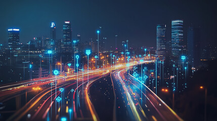 Fototapeta premium Smart digital Innovation city with connection network reciprocity over the cityscape. of future smart wireless digital city and social media networking systems that connects people with in city