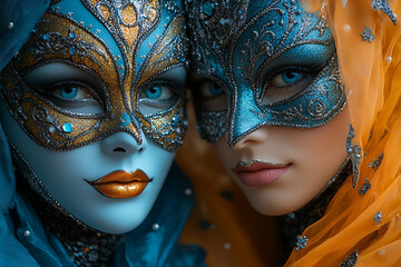 intricately designed carnival masks with glitter, feathers, and bright colors, symbolizing festive traditions and elegance