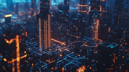 Fototapeta premium Smart digital Innovation city with connection network reciprocity over the cityscape. of future smart wireless digital city and social media networking systems that connects people with in city