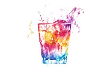 A glass filled with melting ice cubes, depicted in a watercolor style