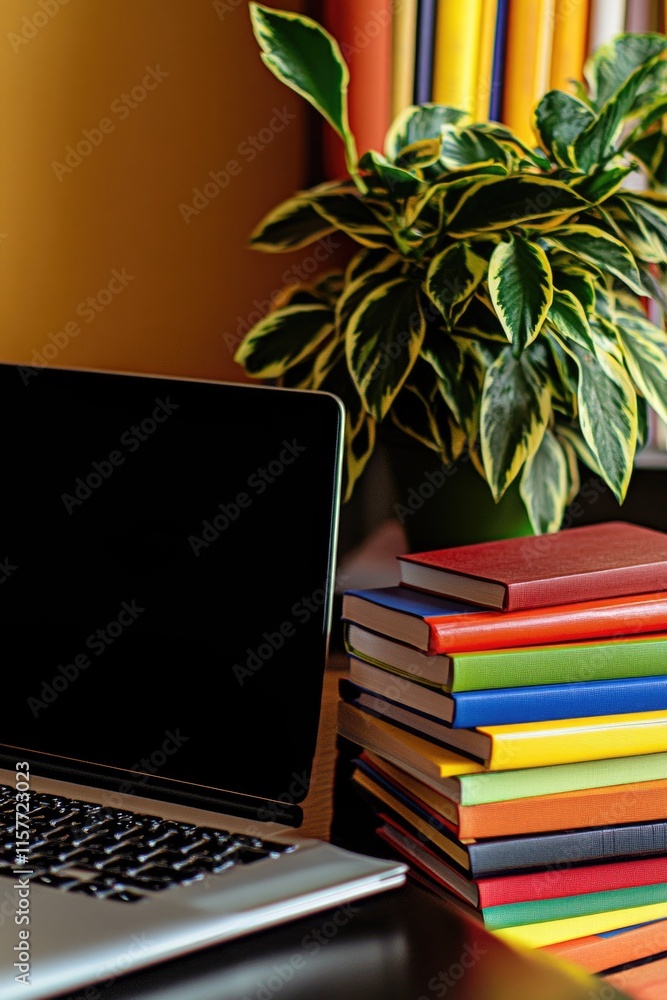 Poster A laptop computer sits on a desk next to a stack of books, ideal for studying or working