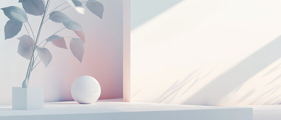 Minimalistic design with soft white and gray tones, featuring plant and sphere