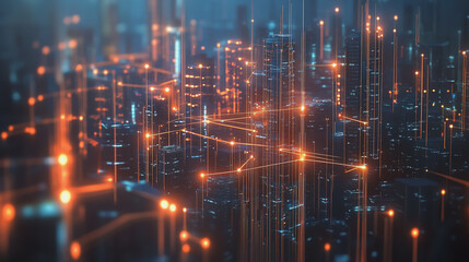 Smart digital Innovation city with connection network reciprocity over the cityscape. of future smart wireless digital city and social media networking systems that connects people with in city