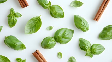 Obraz premium Flatlay of fresh basil leaves and cinnamon sticks on a white background. A vibrant and aromatic image, perfect for culinary or health-related content.
