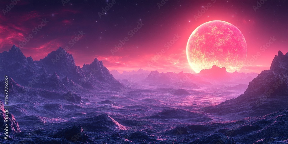 Poster a planet with a prominent red moon in the sky, suitable for use as an illustration of astronomical c