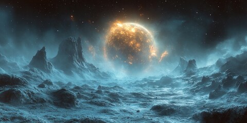 A planet seen from a distance amidst rocky terrain