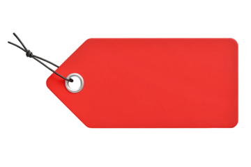A blank red price tag mockup with a string and metal eyelet