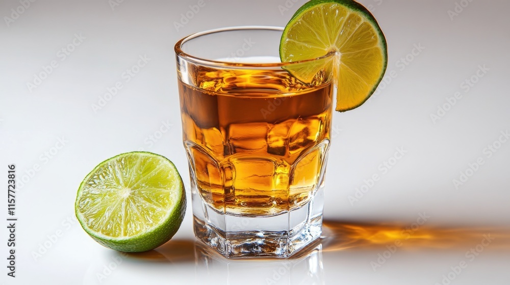Aufkleber A glass of liquor with a lime wedge on the side, perfect for garnish or adding a squeeze of citrus