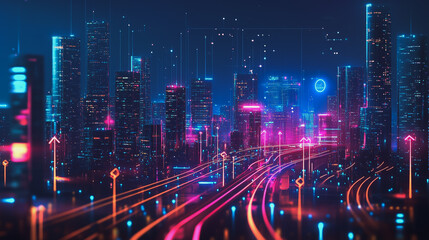 Fototapeta premium Smart digital Innovation city with connection network reciprocity over the cityscape. of future smart wireless digital city and social media networking systems that connects people with in city