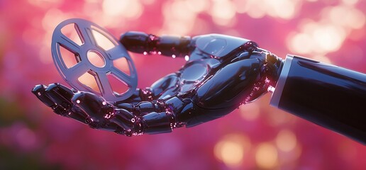 A robotic hand holds a film reel against a vibrant floral background.
