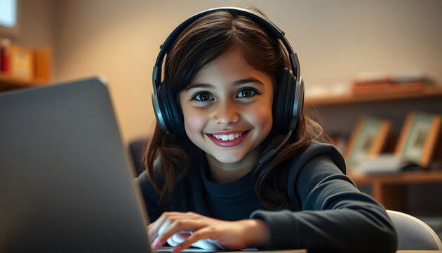 Smiling smart caucasian girl show system programing or coding program in STEM technology education. Child wearing headphone while working by using laptop writing code and look at camera. Erudition, 