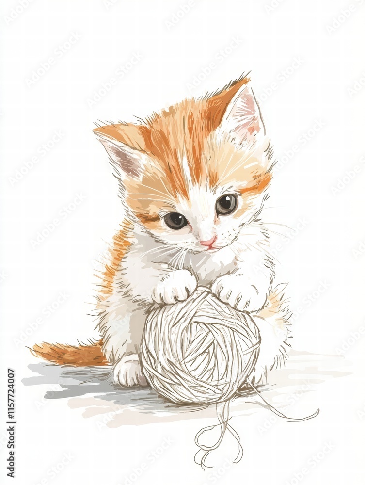 Aufkleber Cute kitten plays with a ball of yarn in a cozy indoor setting with empty space for text insertion. Generative AI