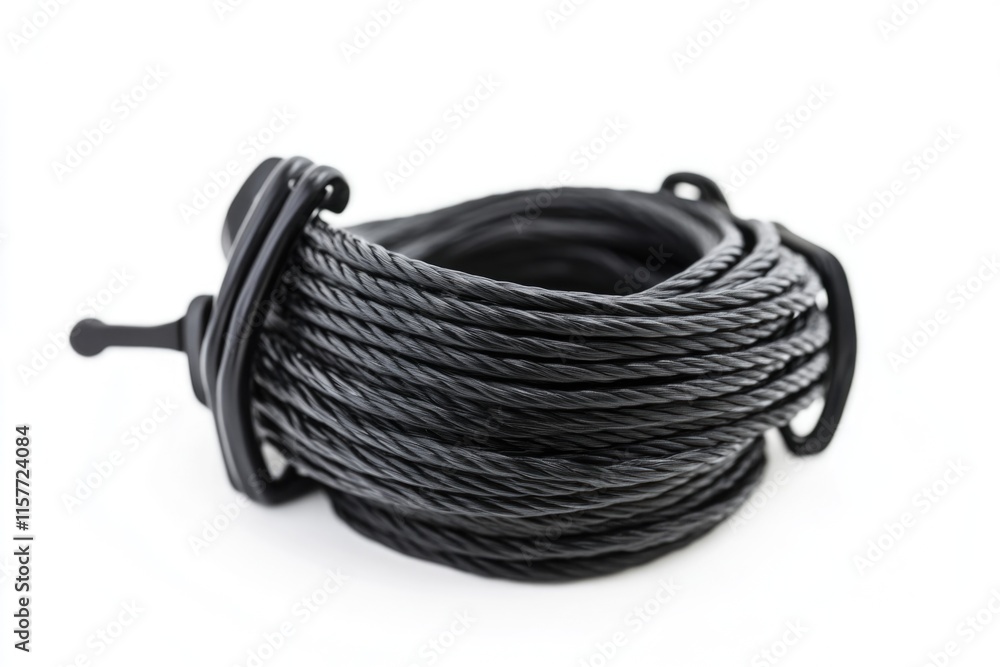Poster a close-up of a black rope with a hook on a white background, suitable for use in various design con