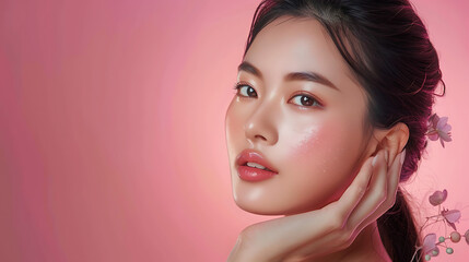 Fototapeta premium young asian beauty woman with pulled back hair touching her face showcasing perfect skin and korean makeup style on isolated pink background 