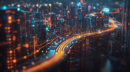 Obraz premium Smart digital Innovation city with connection network reciprocity over the cityscape. of future smart wireless digital city and social media networking systems that connects people with in city