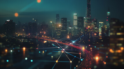 Naklejka premium Smart digital Innovation city with connection network reciprocity over the cityscape. of future smart wireless digital city and social media networking systems that connects people with in city