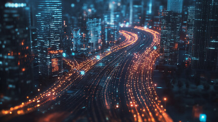 Fototapeta premium Smart digital Innovation city with connection network reciprocity over the cityscape. of future smart wireless digital city and social media networking systems that connects people with in city