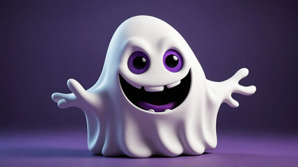 Obraz premium Friendly ghost character smiling and welcoming with purple background decor