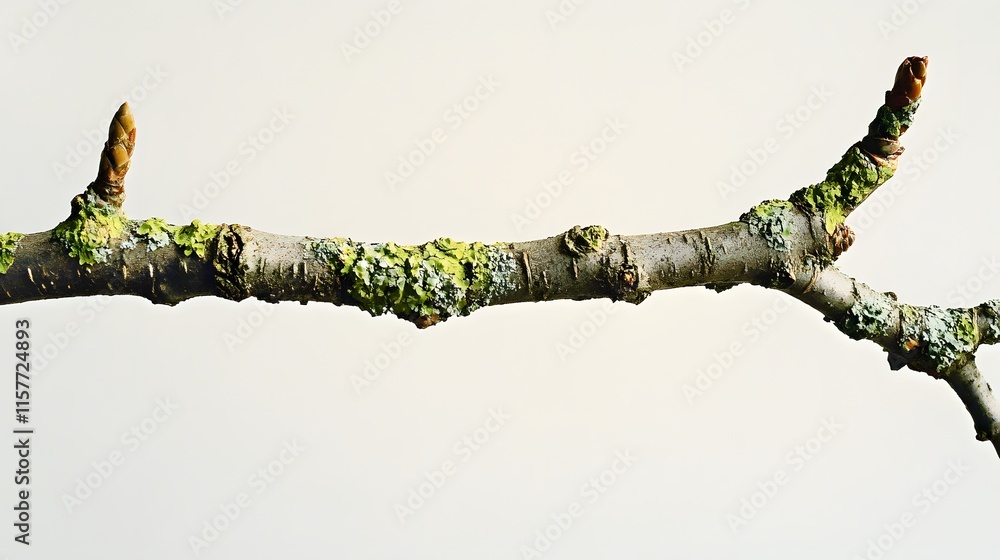 Poster close-up of a lichen-covered tree branch with two small buds. the branch is isolated against a white
