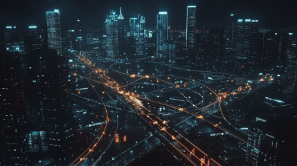 Fototapeta premium Smart digital Innovation city with connection network reciprocity over the cityscape. of future smart wireless digital city and social media networking systems that connects people with in city