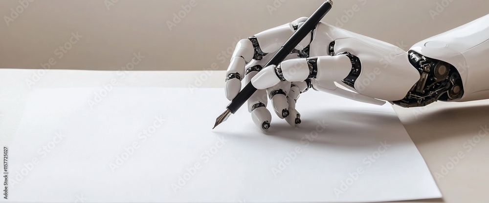 Poster a robotic hand poised to write on a blank sheet of paper.