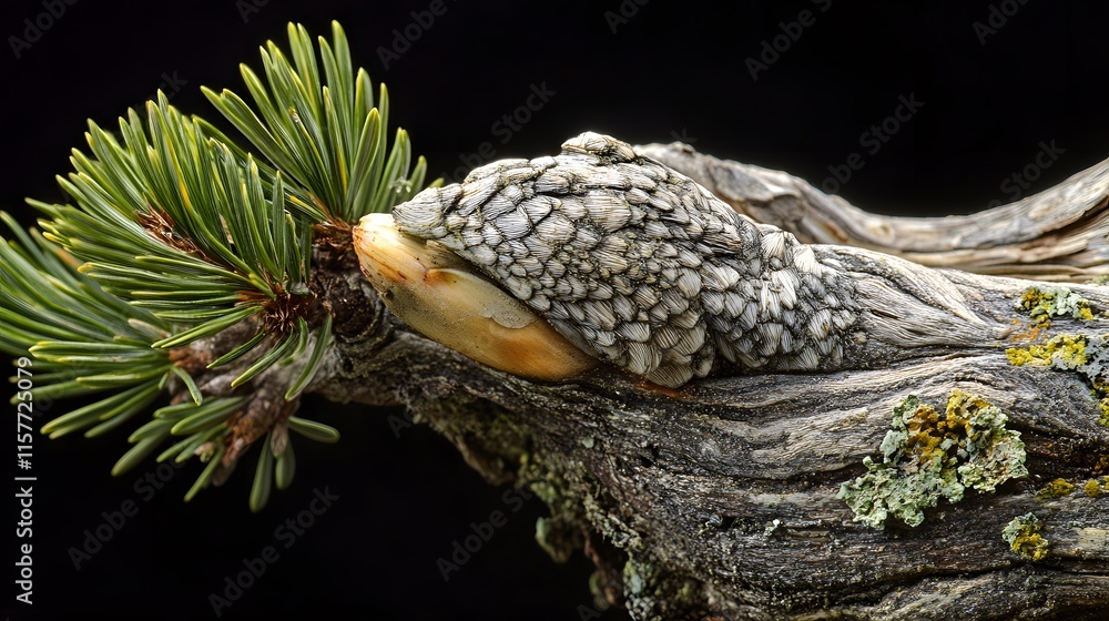 Poster close-up of a pine tree branch with textured bark and lichen, detailed focus on the unique growth pa