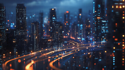 Fototapeta premium Smart digital Innovation city with connection network reciprocity over the cityscape. of future smart wireless digital city and social media networking systems that connects people with in city