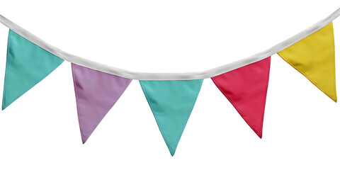 A festive bunting with pink, turquoise, yellow, and red triangular flags hanging from a white string