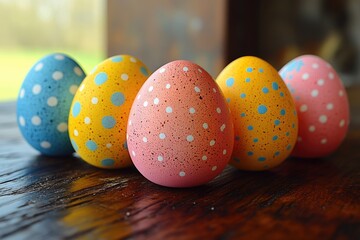 Colorful Easter eggs arranged on a wooden table, perfect for decorating or photography