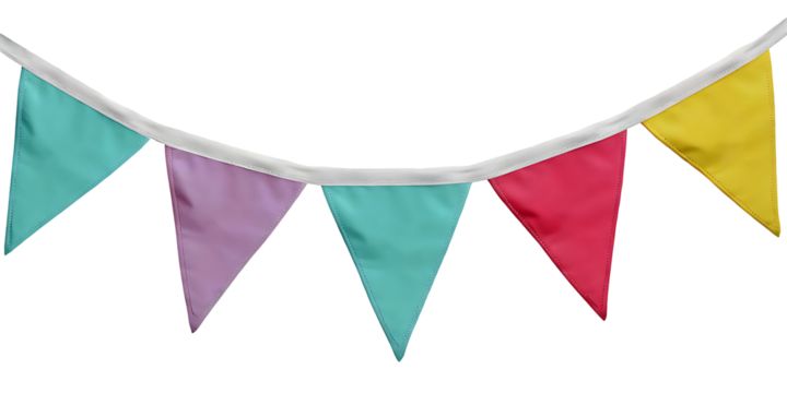 A festive bunting with pink, turquoise, yellow, and red triangular flags hanging from a white string