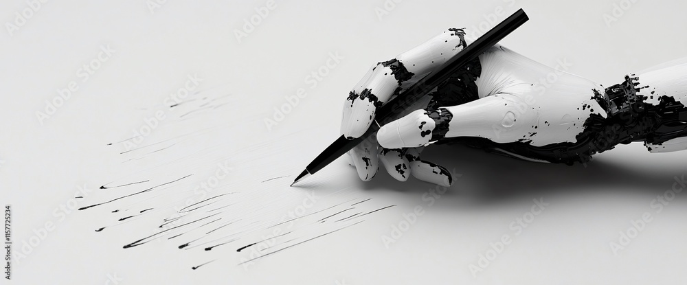 Poster a robotic hand sketching abstract lines on a white surface.